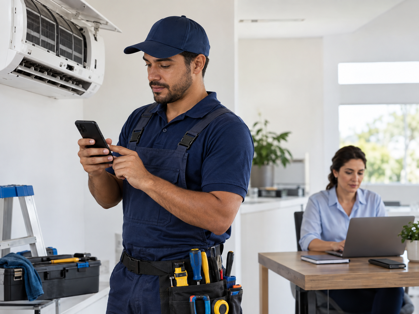 Técnico acompanhando uma ordem de serviço pelo celular